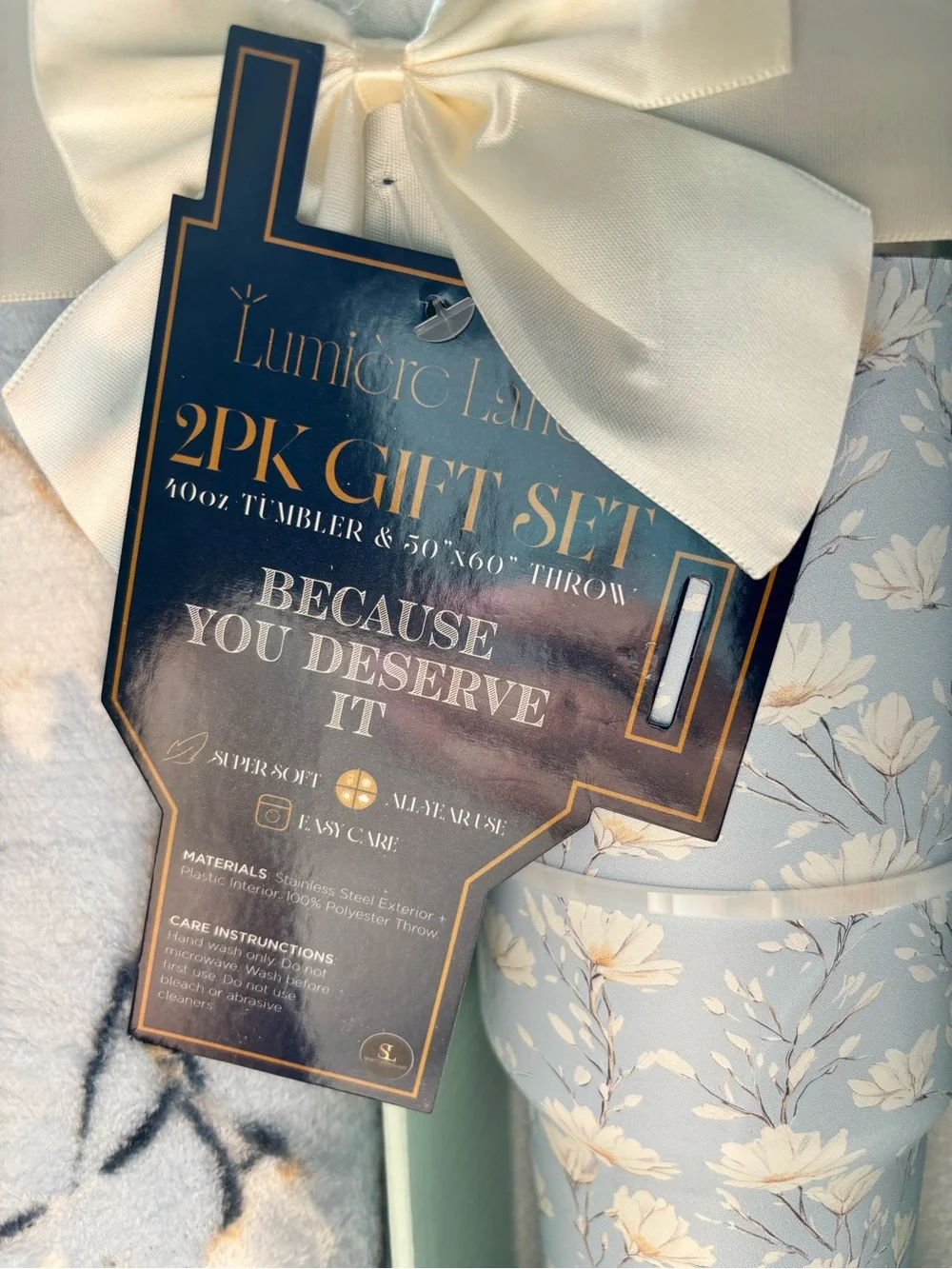 Lumiere Blue Floral Throw Blanket & Matching tumbler Gift Set